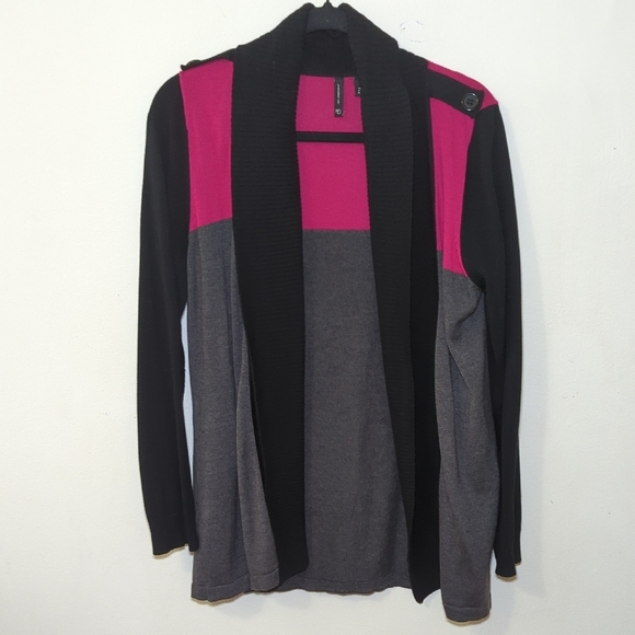 New Directions Gray + Pink + Black Shawl Collar Cardigan Sweater Women's Size L - Picture 1 of 4